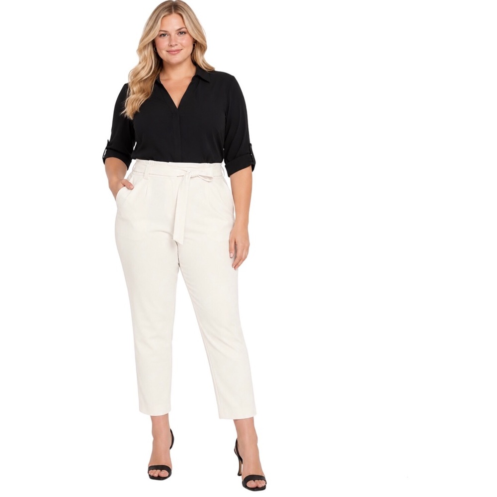 Calvin Klein Ivory Paperbag Waist Belted Ankle Trouser Pants Size 24W